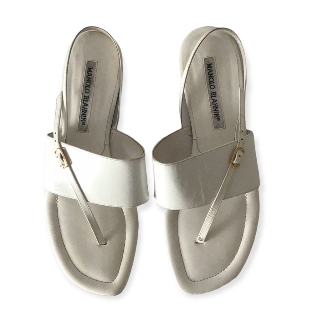 Manolo Blahnik Cream Leather Slide Sandals with Gold Buckle Accent
